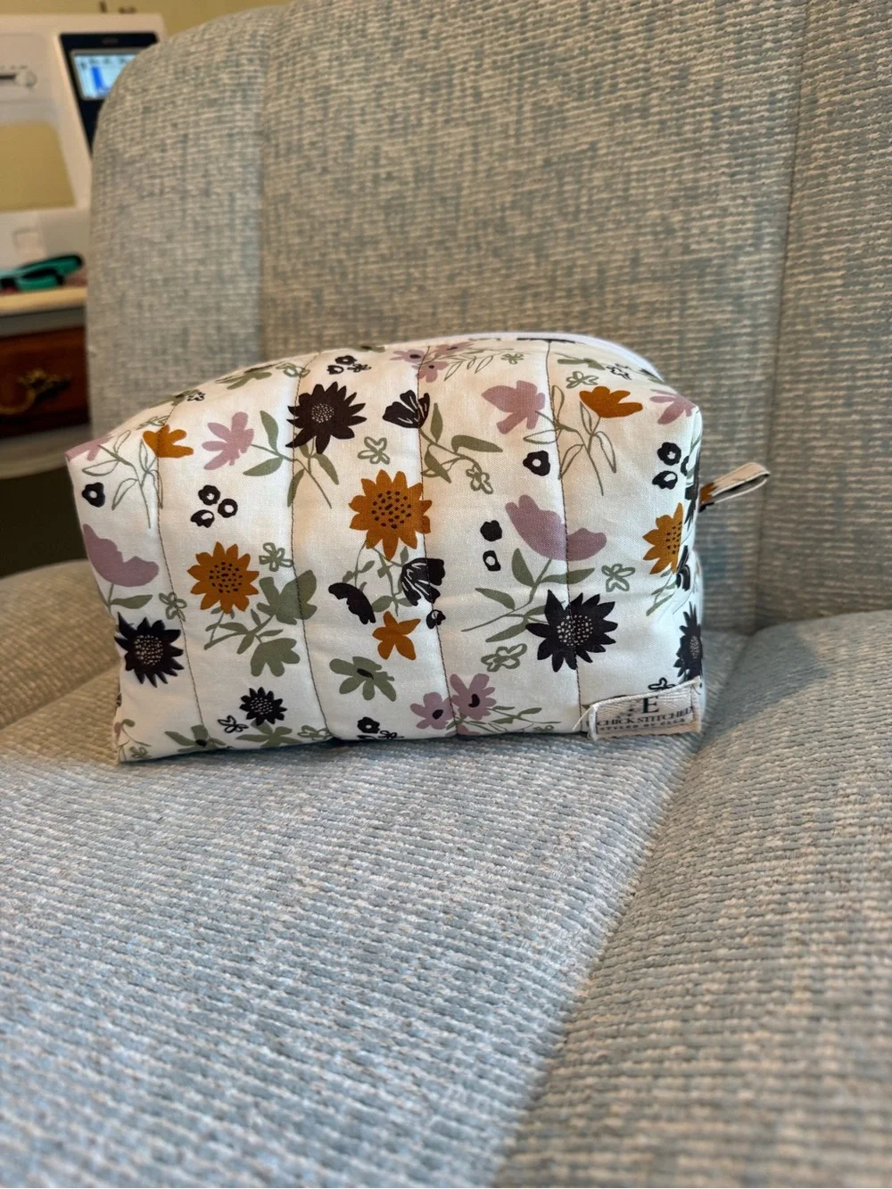 Handmade Floral Quilted Cosmetic Pouch in Cream and Brown